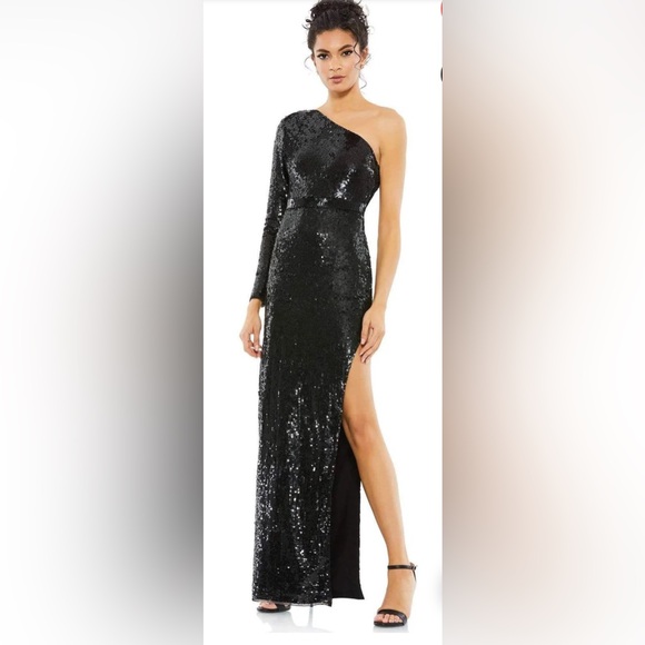 Mac Duggal Black Sequin One-Shoulder Gown - Picture 1 of 6